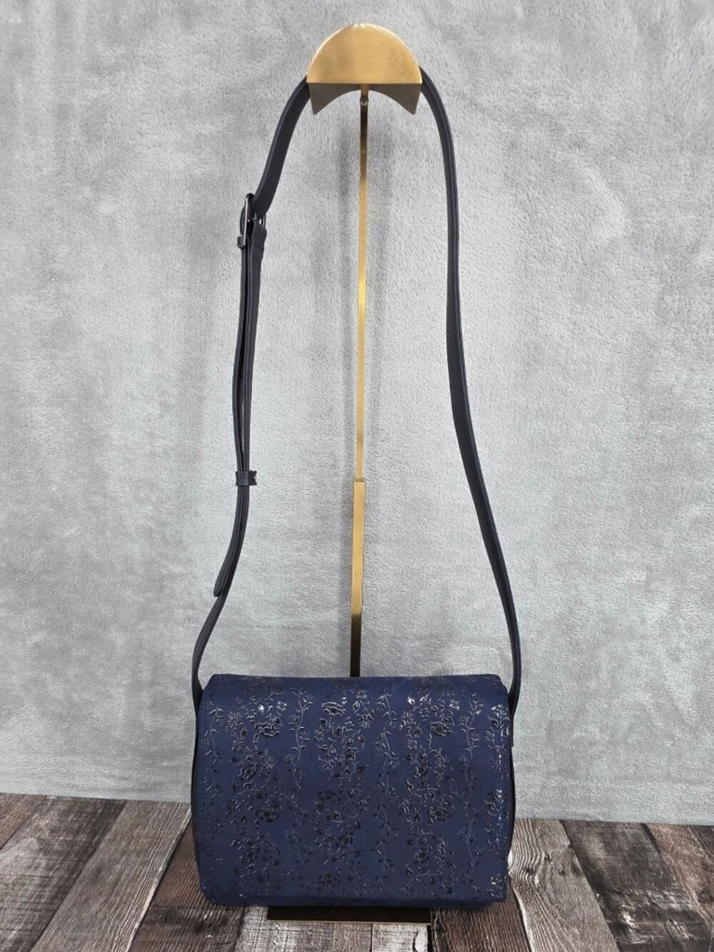 Inden-Ya Deerskin Leather Floral Bag Black Blue Embossed Japanese Hana Karakusa